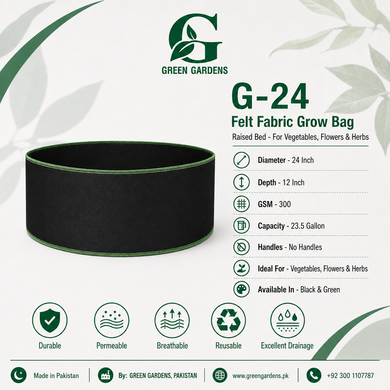G-24 Black 24×12 inch round felt fabric raised bed grow bag