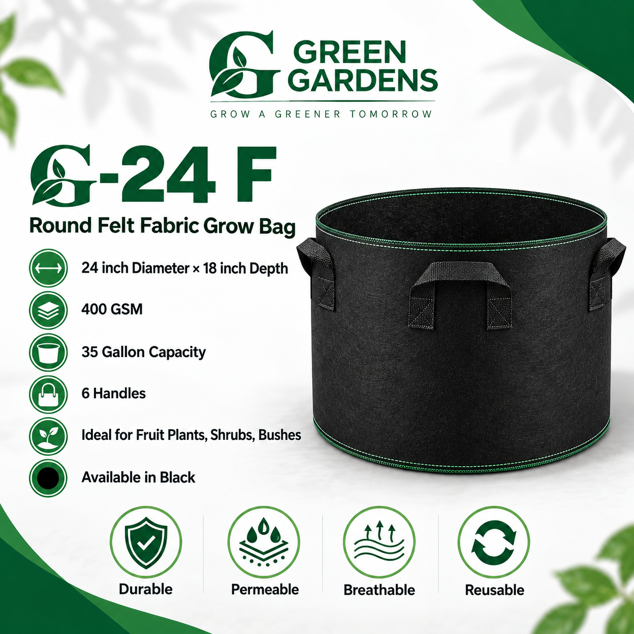 G-24 F Black 400 GSM felt fabric grow bag with approximately 35-gallon capacity