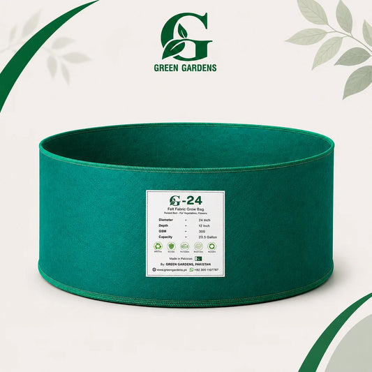 Green G-24 grow bag specifications showing 24-inch diameter, 12-inch depth, 300 GSM and 23.5-gallon capacity