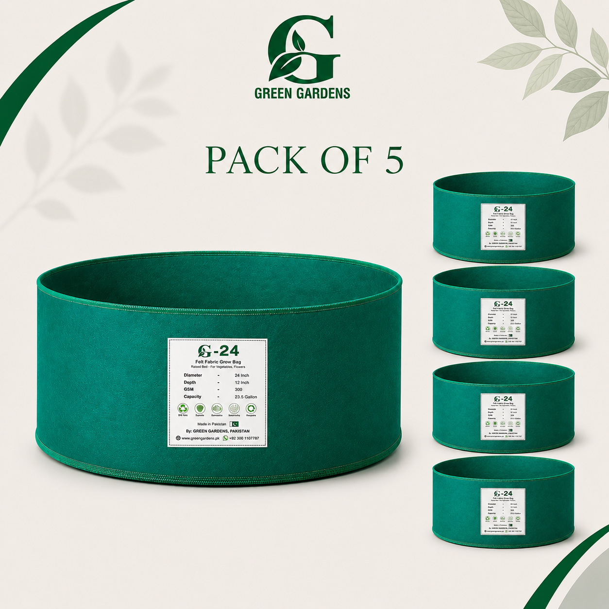 GREEN GARDENS G-24 Green Grow Bags Pack of 5, 24×12 inch round felt fabric raised beds