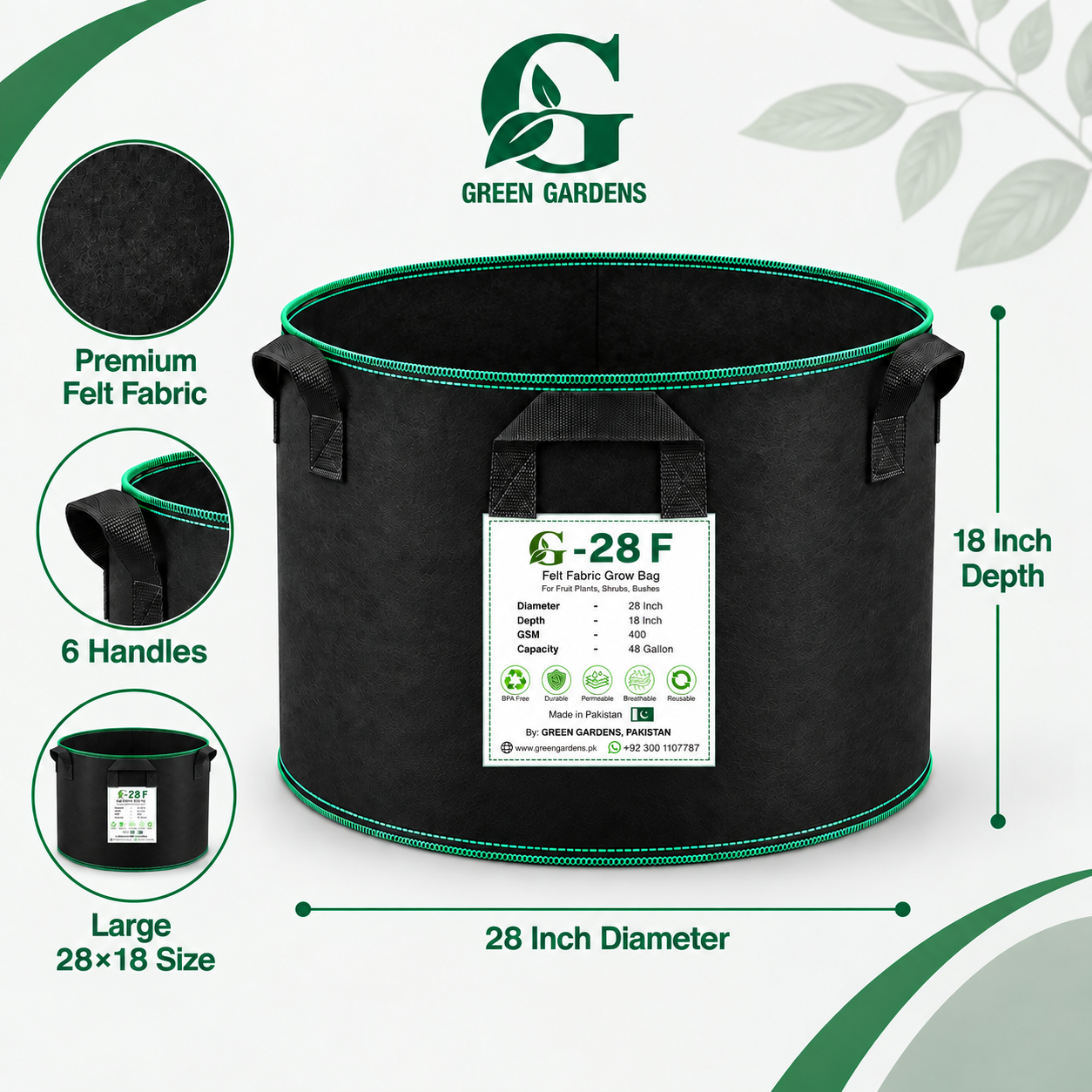 GREEN GARDENS G-28 F Black 28×18 inch round 400 GSM felt fabric grow bag with 6 handles for fruit plants
