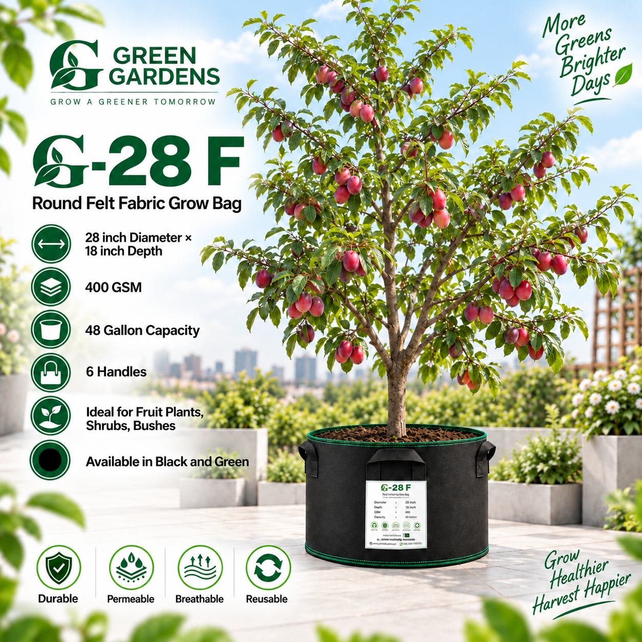 GREEN GARDENS G-28 F Black 28×18 inch round 400 GSM felt fabric grow bag with 6 handles for fruit plants