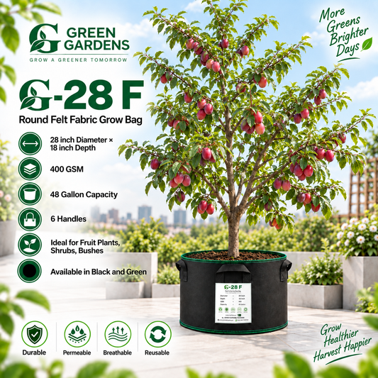 GREEN GARDENS G-28 F Black 28×18 inch round 400 GSM felt fabric grow bag with 6 handles for fruit plants