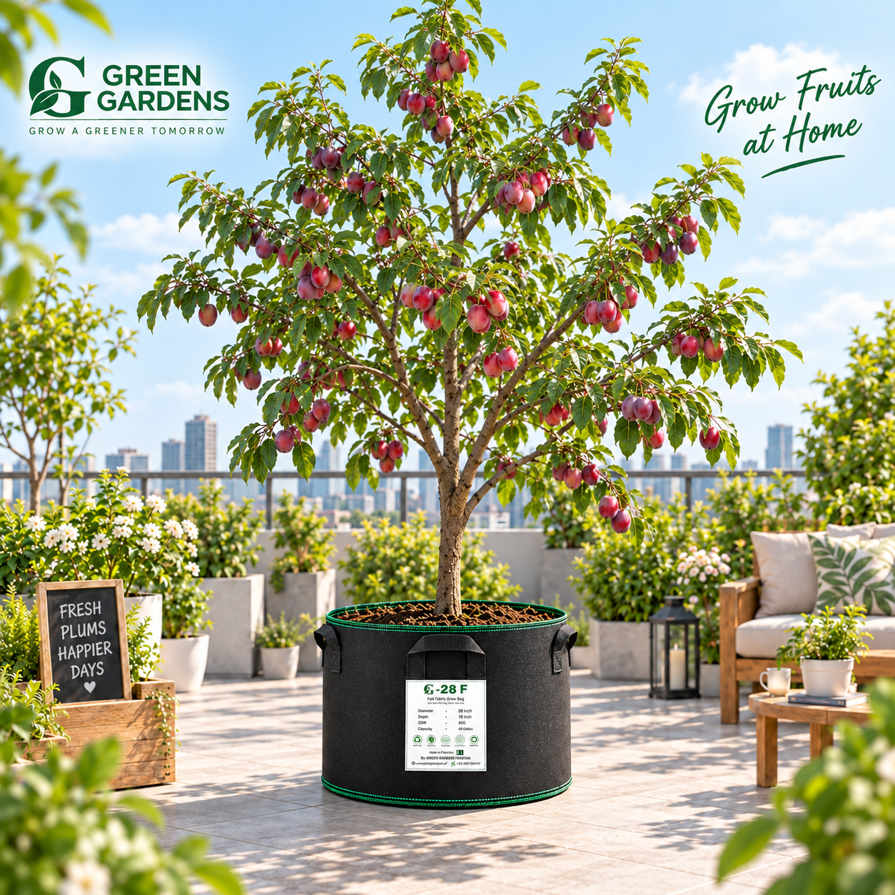 GREEN GARDENS G-28 F Black 28×18 inch round 400 GSM felt fabric grow bag with 6 handles for fruit plants