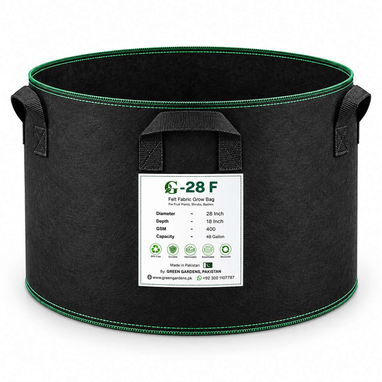GREEN GARDENS G-28 F Black 28×18 inch round 400 GSM felt fabric grow bag with 6 handles for fruit plants