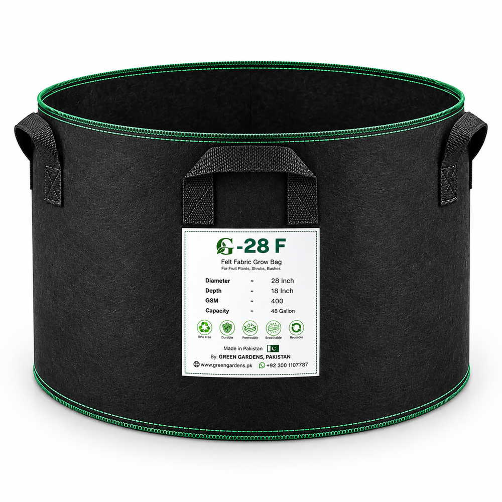 GREEN GARDENS G-28 F Black 28×18 inch round 400 GSM felt fabric grow bag with 6 handles for fruit plants