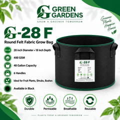 GREEN GARDENS G-28 F Black 28×18 inch round 400 GSM felt fabric grow bag with 6 handles for fruit plants
