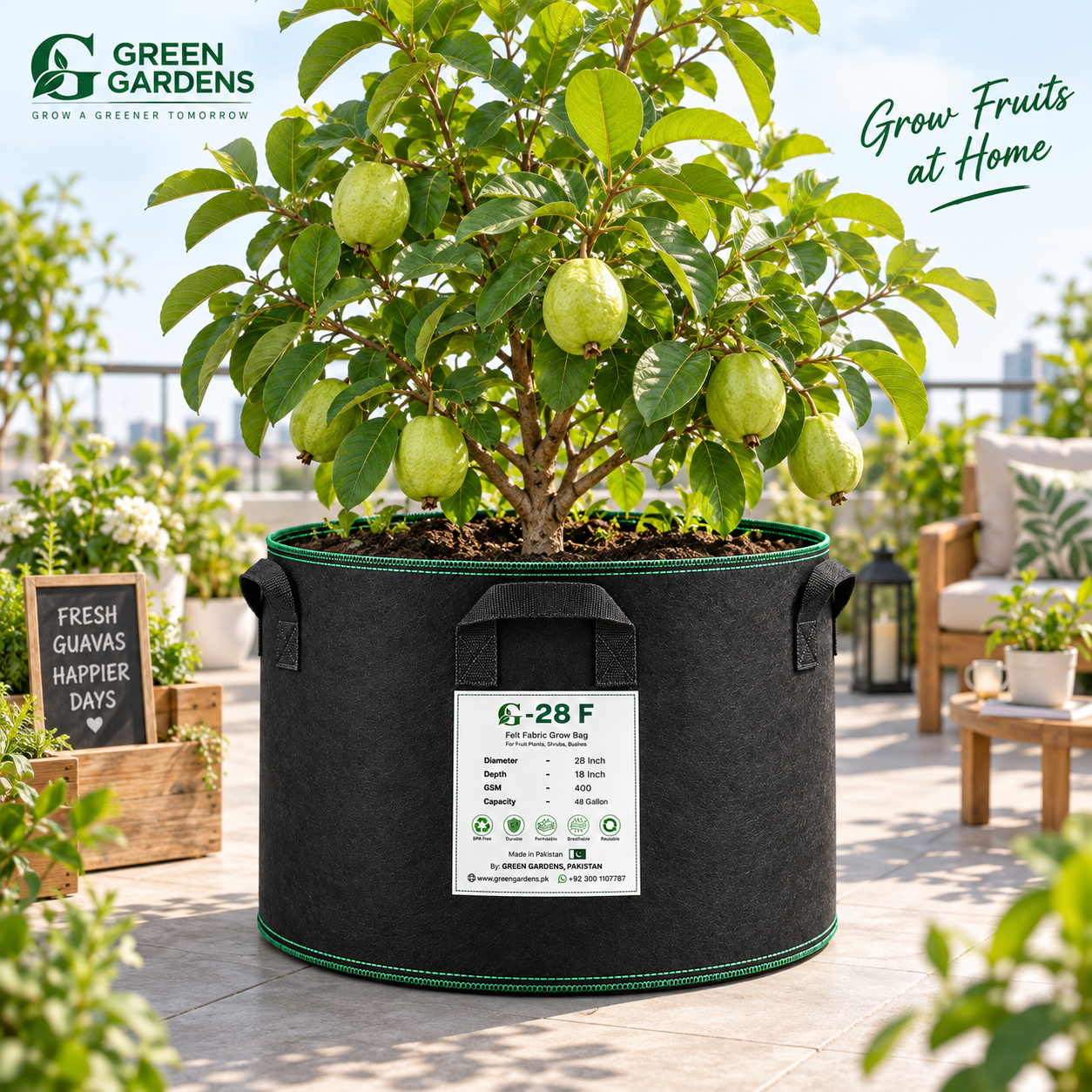 GREEN GARDENS G-28 F Black 28×18 inch round 400 GSM felt fabric grow bag with 6 handles for fruit plants