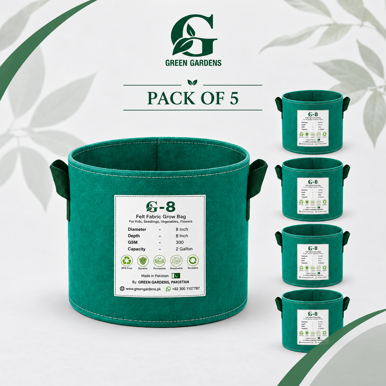 GREEN GARDENS G-8 Green felt grow bags Pack of 5, 8x8 inch, 300 GSM, 2 gallon each