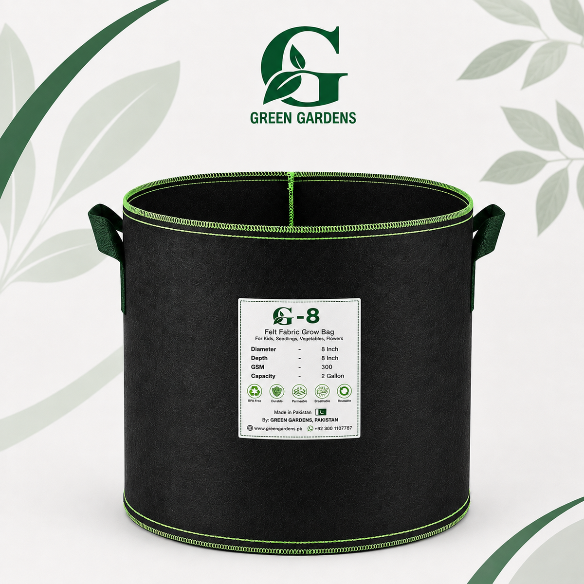 Black G-8 round felt fabric grow bag, 8-inch diameter and 8-inch depth, with 2 handles