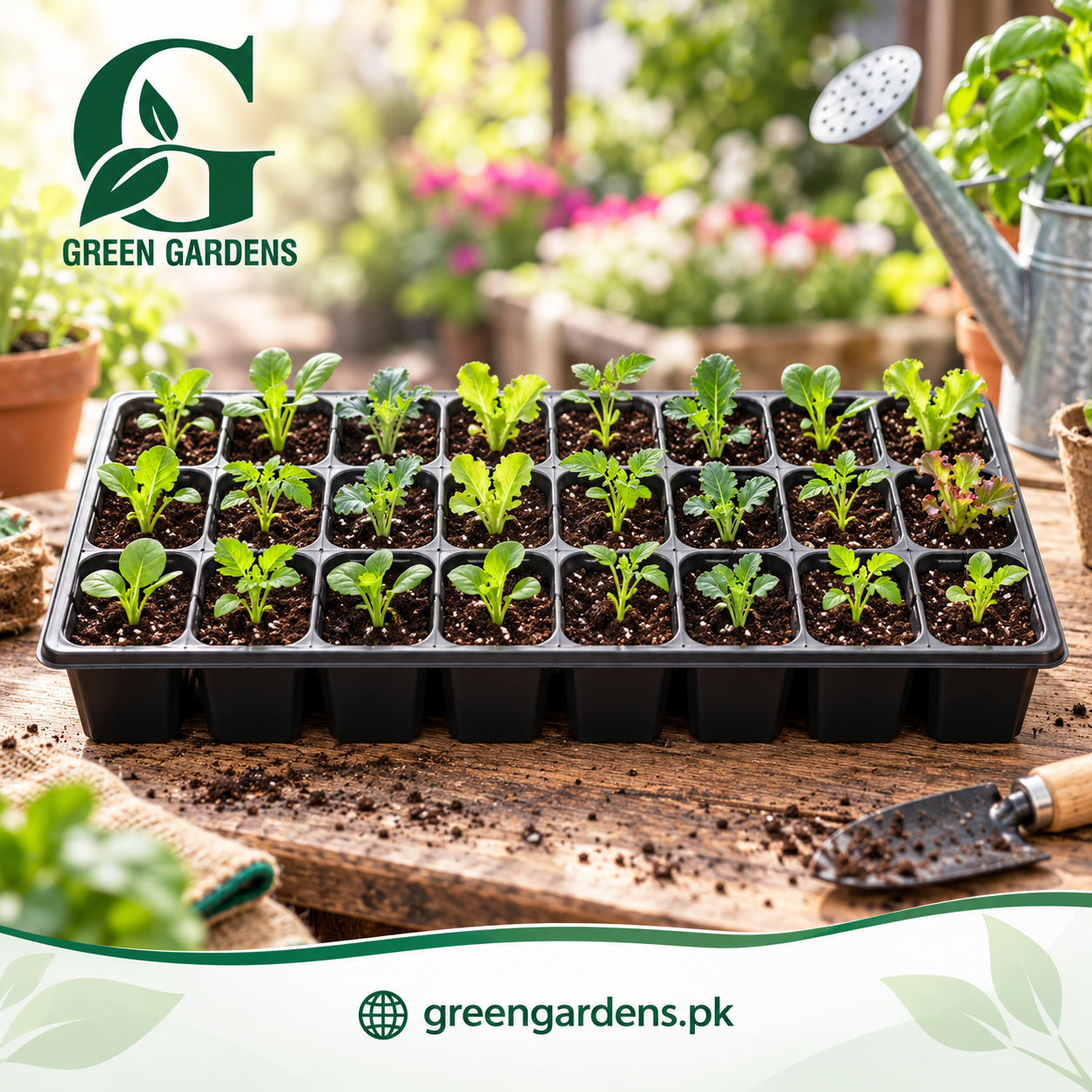 GREEN GARDENS 32 cell seedling nursery tray showing healthy young vegetable seedlings
