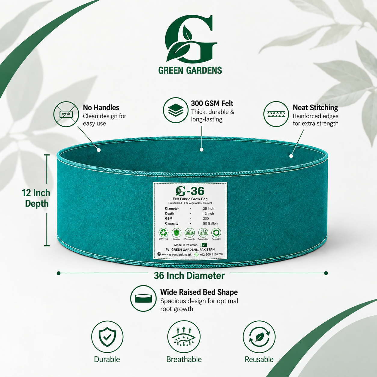 GREEN GARDENS G-36 green felt grow bag size and features infographic, 36 inch diameter, 12 inch depth, 300 GSM, no handles
