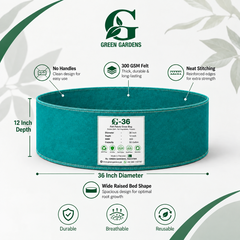 GREEN GARDENS G-36 green felt grow bag size and features infographic, 36 inch diameter, 12 inch depth, 300 GSM, no handles