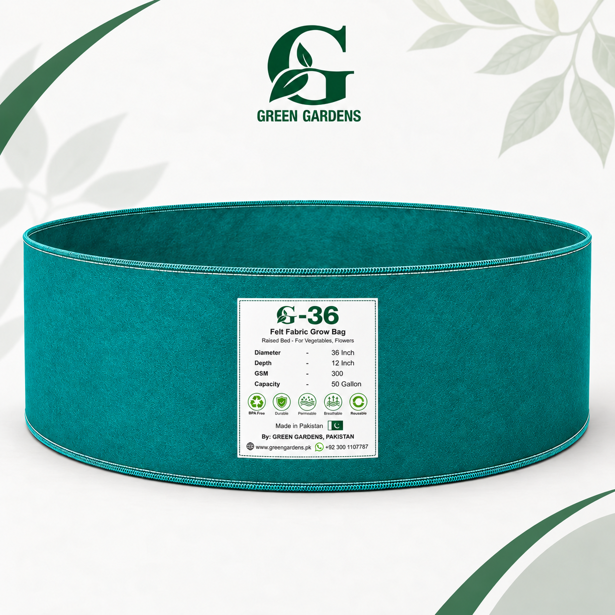 GREEN GARDENS G-36 green round felt grow bag with original product label, 36 x 12 inch, 50 gallon