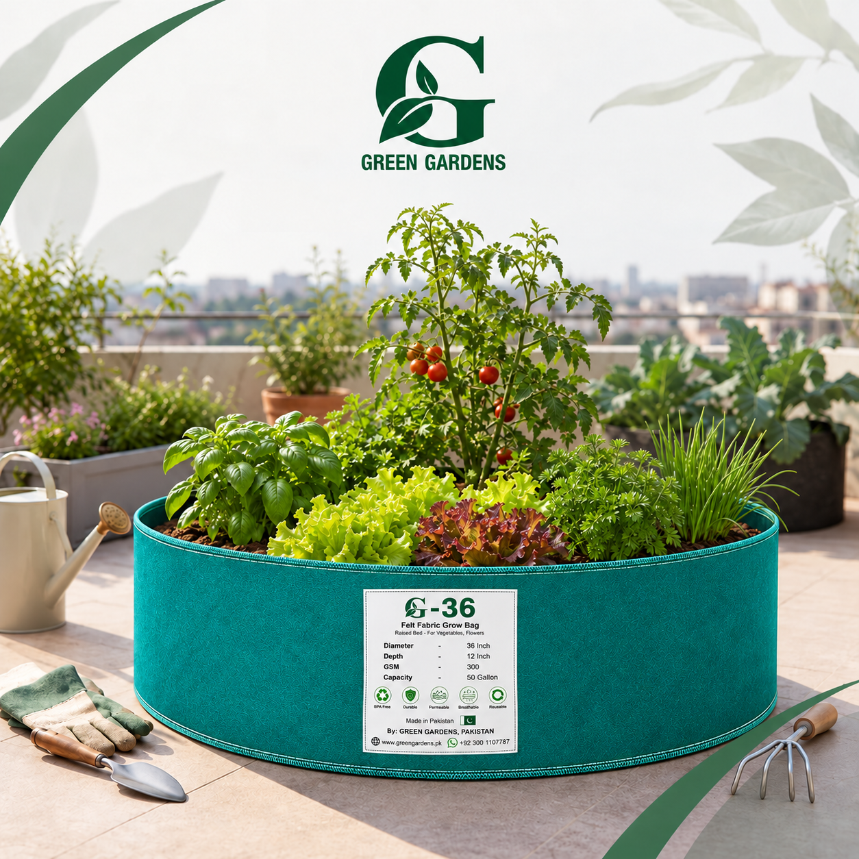 GREEN GARDENS G-36 green 50 gallon grow bag planted with vegetables and herbs in a rooftop kitchen garden