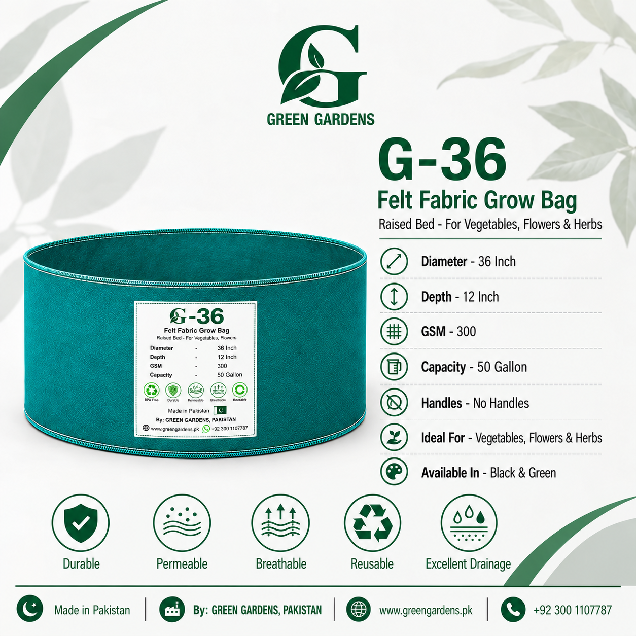 GREEN GARDENS G-36 green felt grow bag infographic, 36 inch diameter, 12 inch depth, 300 GSM, 50 gallon, no handles