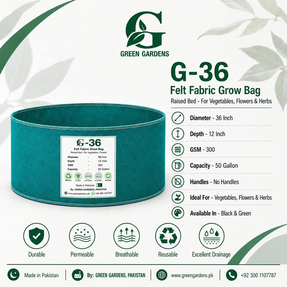 GREEN GARDENS G-36 green felt grow bag infographic, 36 inch diameter, 12 inch depth, 300 GSM, 50 gallon, no handles