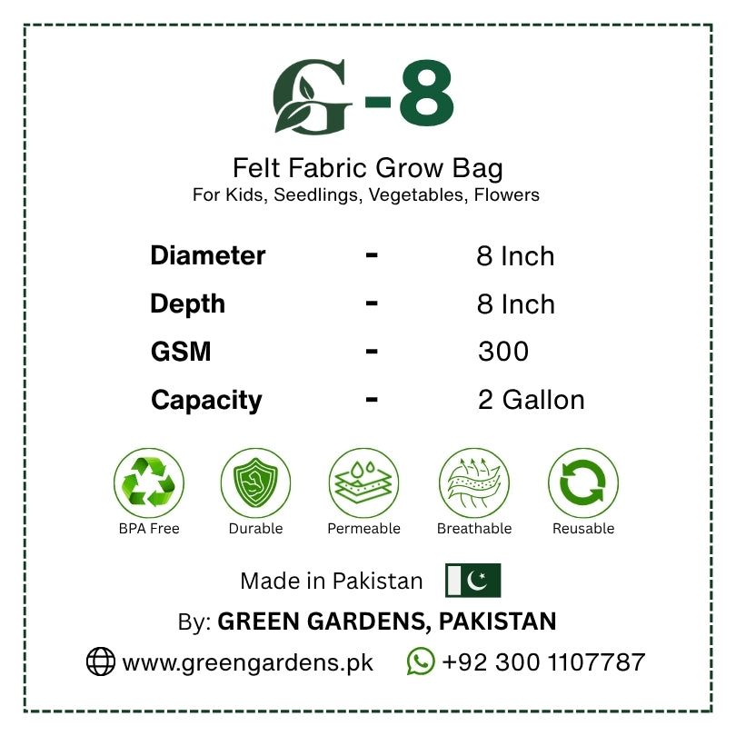 G-8 round felt fabric grow bag, 8-inch diameter and 8-inch depth, with 2 handles