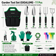 Garden Tool Set (GIGALUMI) - 11 Pcs {Cast-Aluminum Tools}