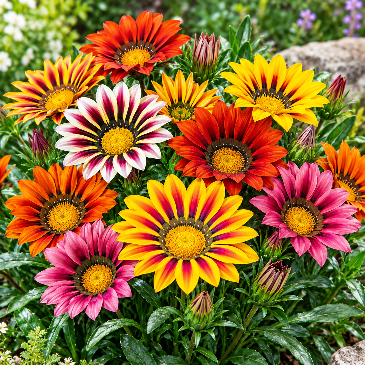 Gazania Sunshine Mix with colourful yellow orange pink red and bi-colour daisy-like flowers – winter flower seeds for sunny gardens and grow bags in Pakistan