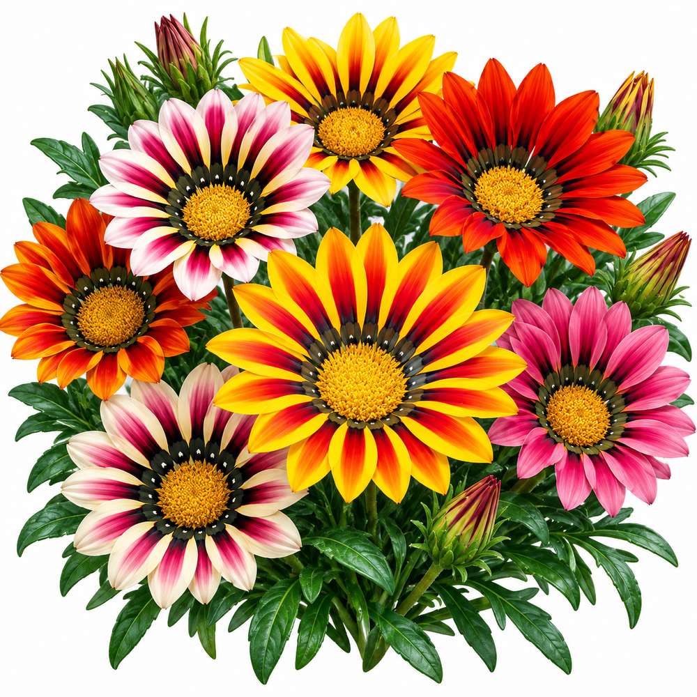 Gazania Sunshine Mix with colourful yellow orange pink red and bi-colour daisy-like flowers – winter flower seeds for sunny gardens and grow bags in Pakistan