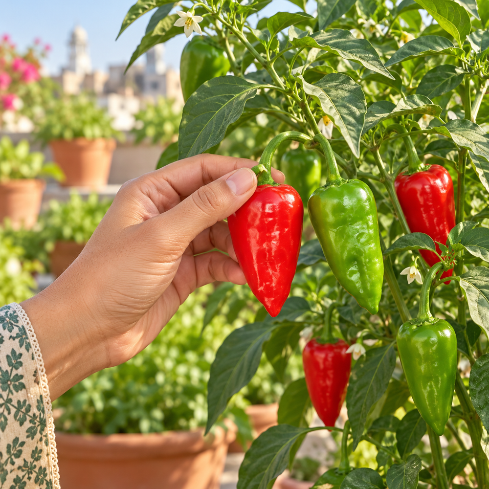 Long slender green Ghotki Chillies growing on healthy plants – premium local Ghotki Chili seeds for kitchen gardening in Pakistan