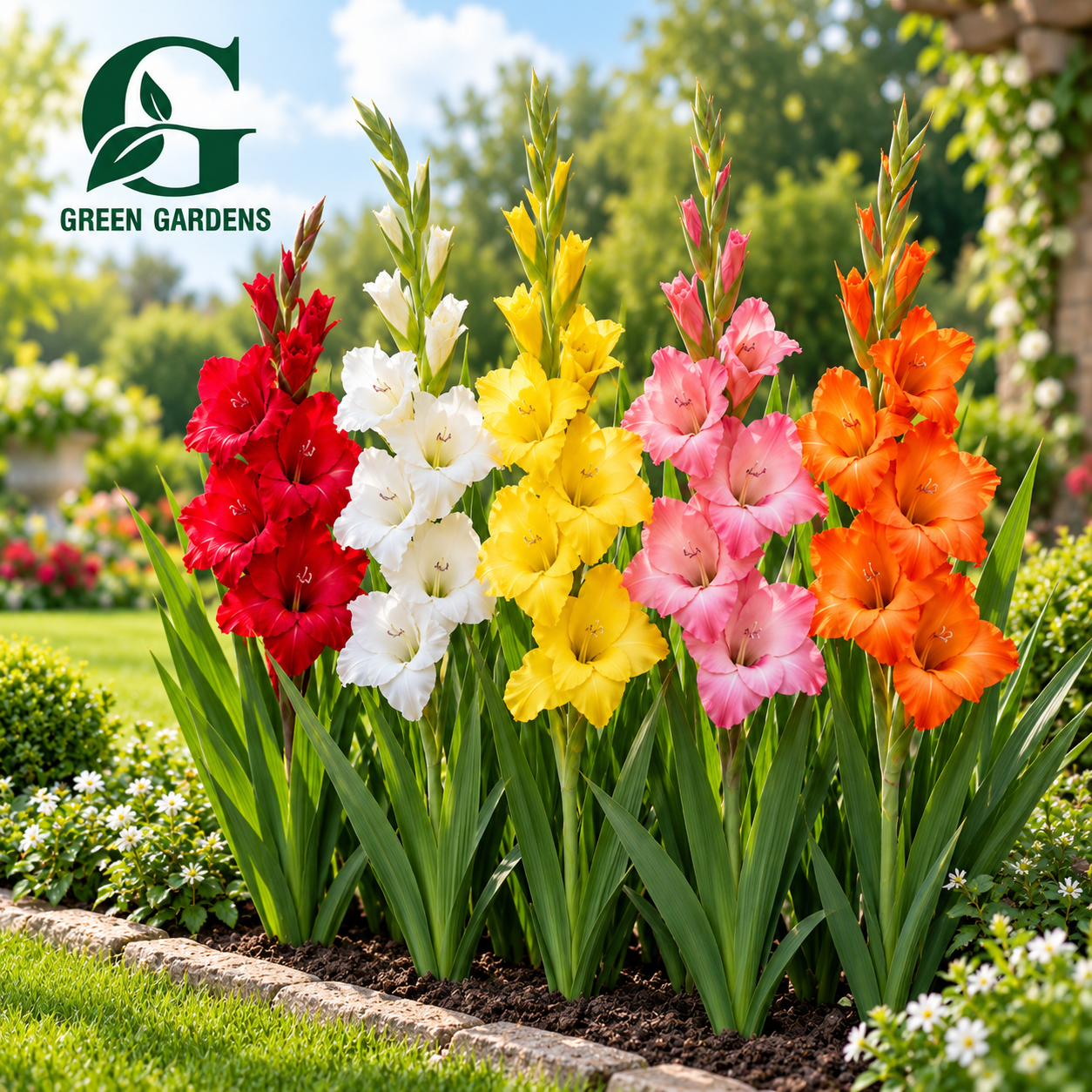 Red, white, yellow, pink and orange Gladiolus flowers growing in a beautiful garden bed and lawn