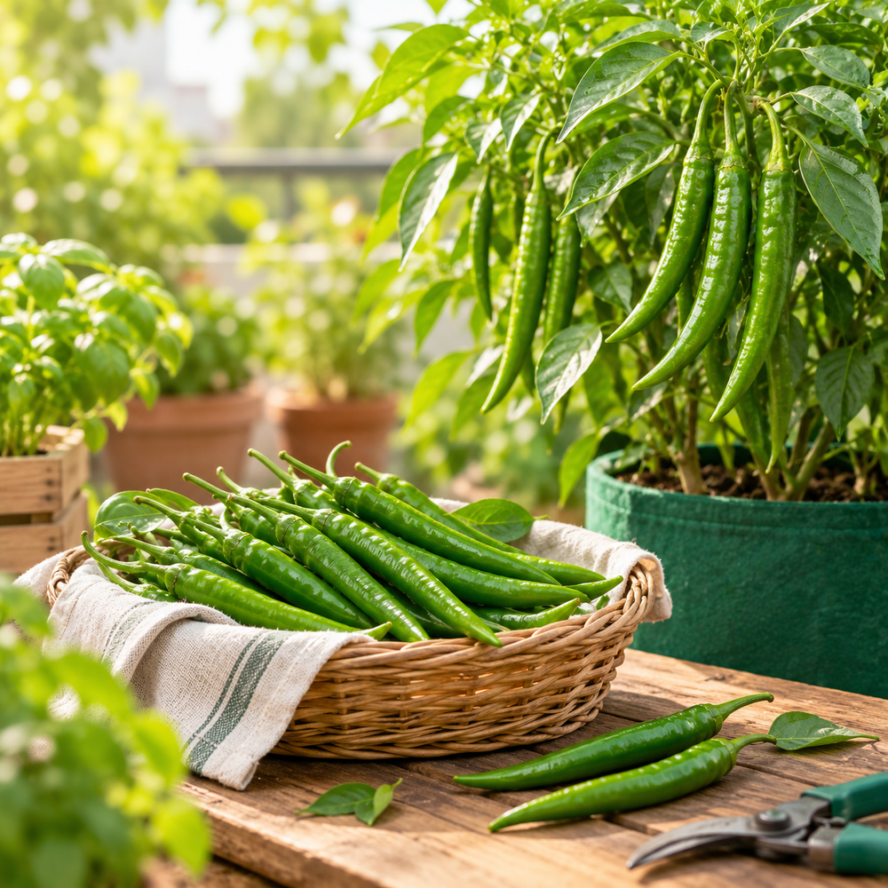 Long green chillies growing on healthy plants – Green Chilli Long F1 Hybrid seeds for winter and summer kitchen gardening in Pakistan