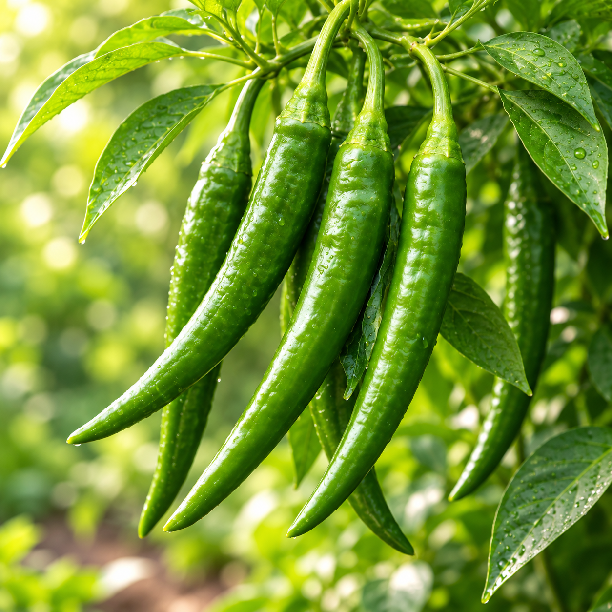 Long green chillies growing on healthy plants – Green Chilli Long F1 Hybrid seeds for winter and summer kitchen gardening in Pakistan
