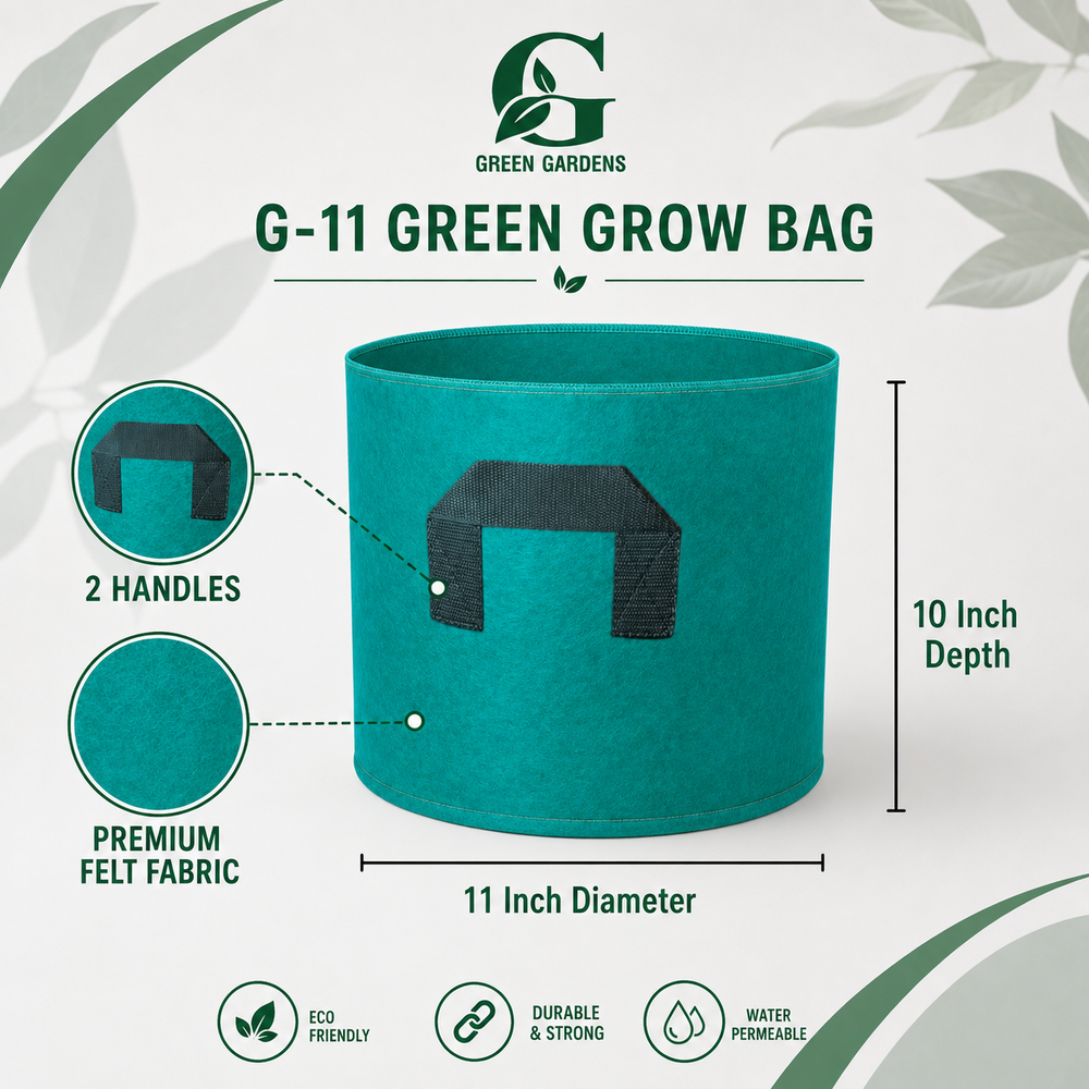 Green G-11 round felt fabric grow bag, 11-inch diameter and 10-inch depth, with 2 handles