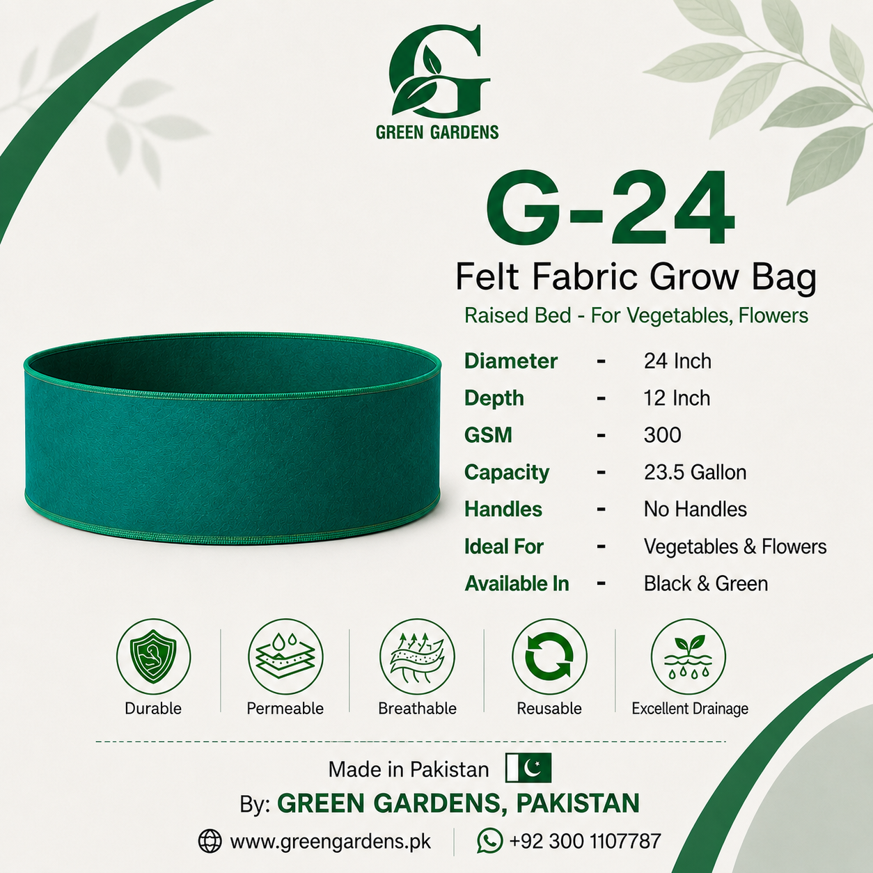 Green G-24 grow bag specifications showing 24-inch diameter, 12-inch depth, 300 GSM and 23.5-gallon capacity
