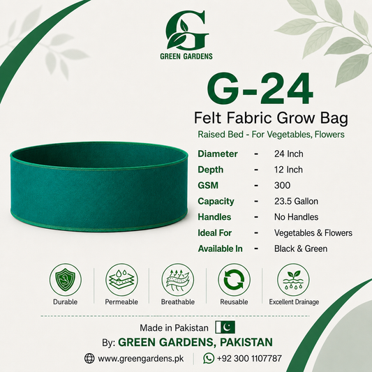 Green G-24 grow bag specifications showing 24-inch diameter, 12-inch depth, 300 GSM and 23.5-gallon capacity