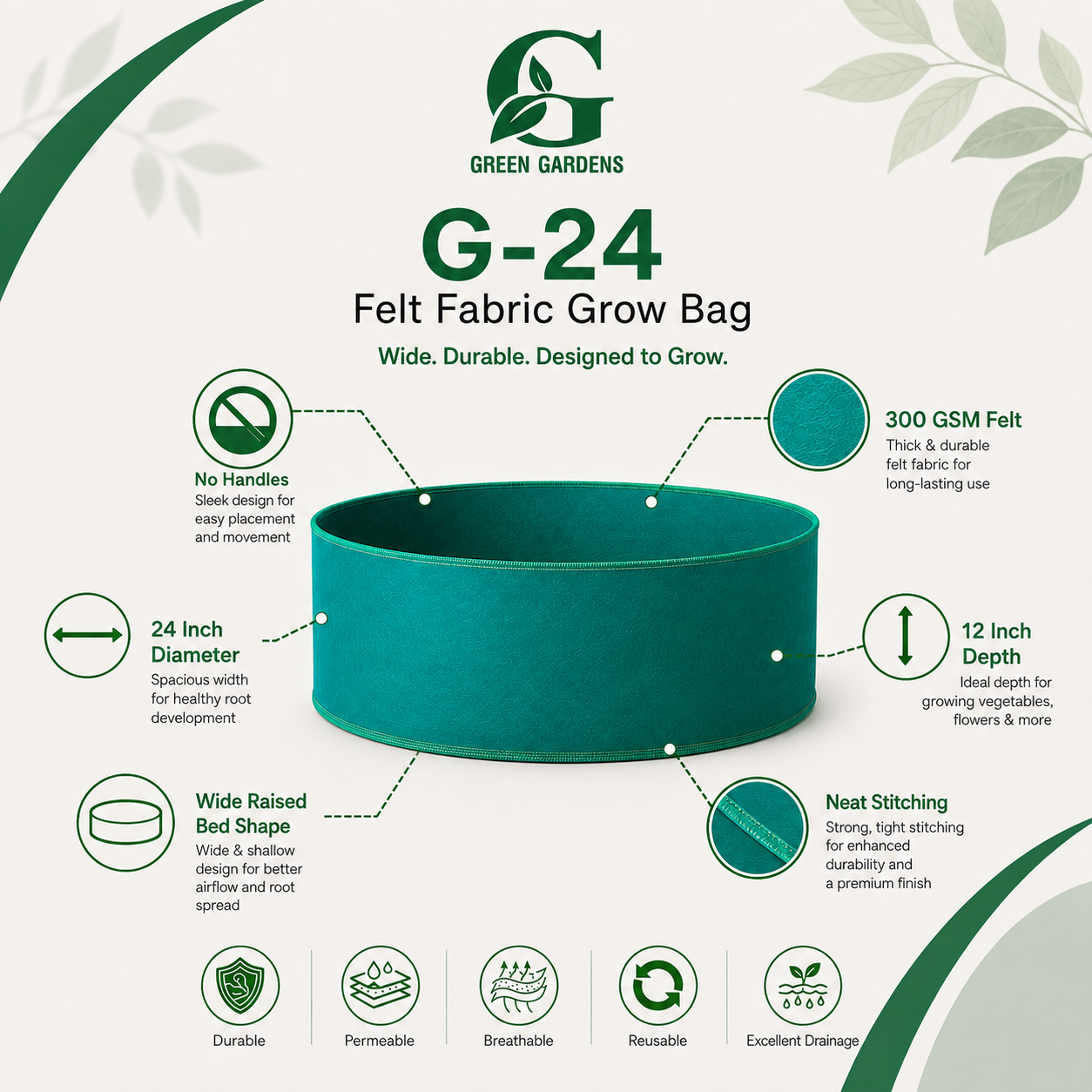 Green G-24 grow bag showing 300 GSM felt texture, no handles and 24×12-inch raised-bed design