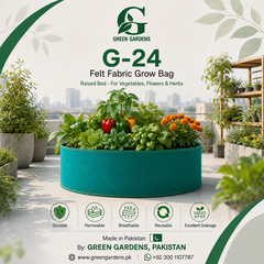 Green G-24 felt fabric raised-bed grow bag planted with vegetables, herbs and flowers in a rooftop garden