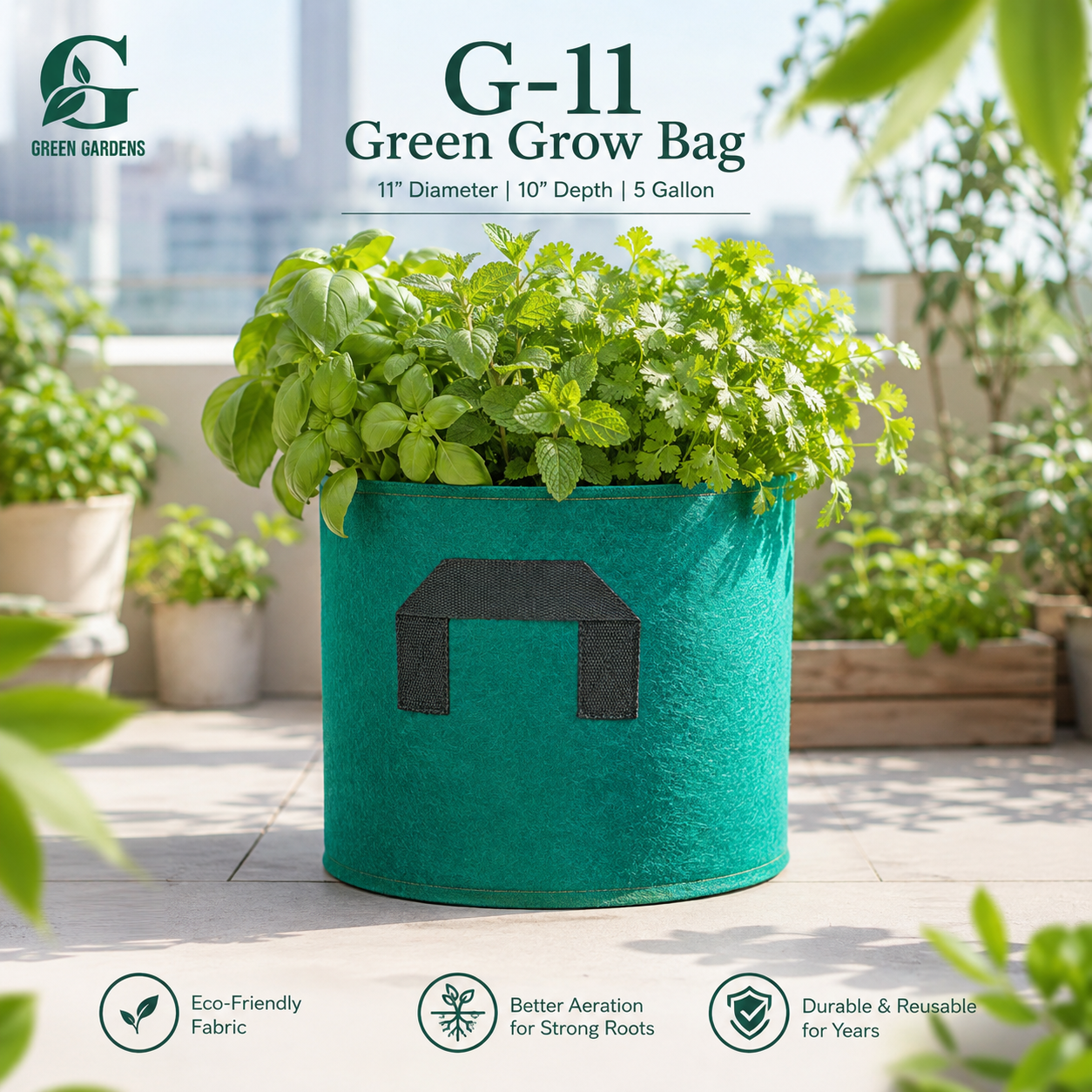 Green G-11 round felt fabric grow bag, 11-inch diameter and 10-inch depth, with 2 handles