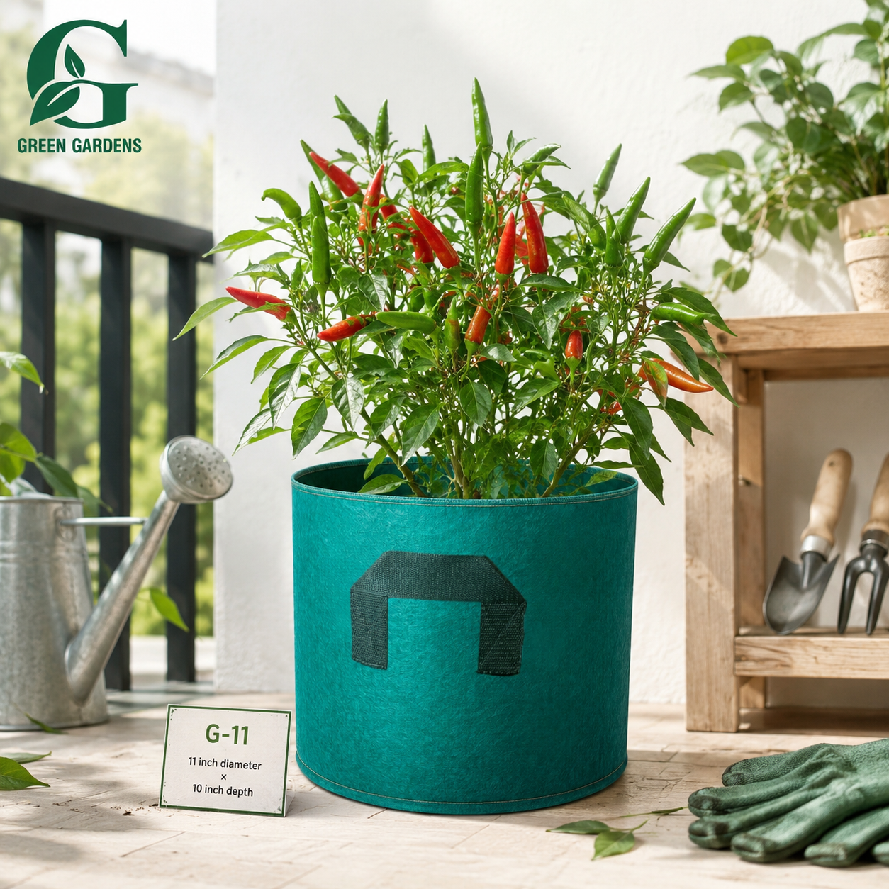 Green G-11 round felt fabric grow bag, 11-inch diameter and 10-inch depth, with 2 handles