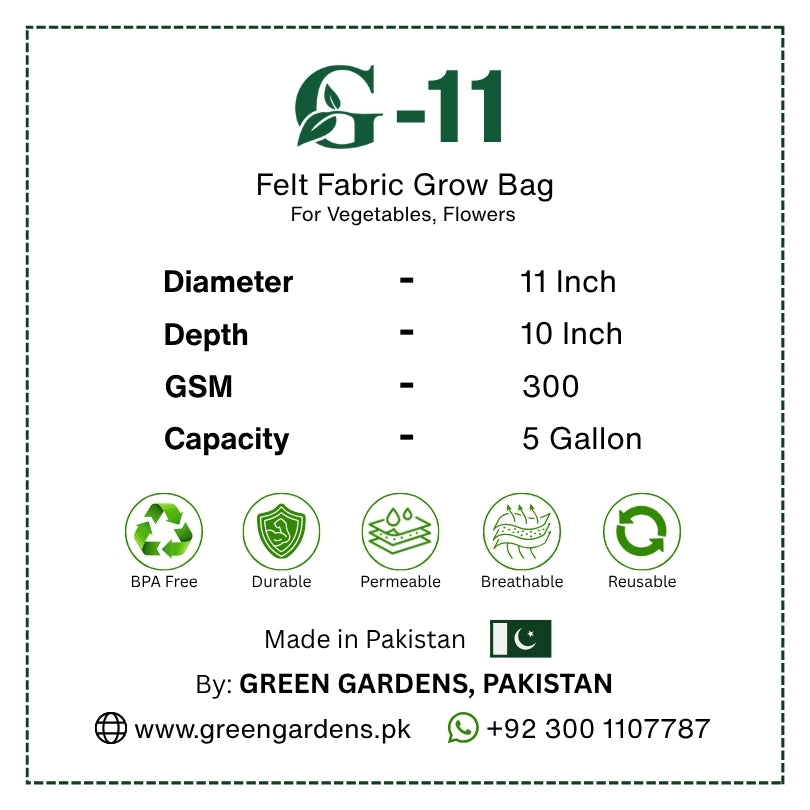 G-11 round felt fabric grow bag, 11-inch diameter and 10-inch depth, with 2 handles