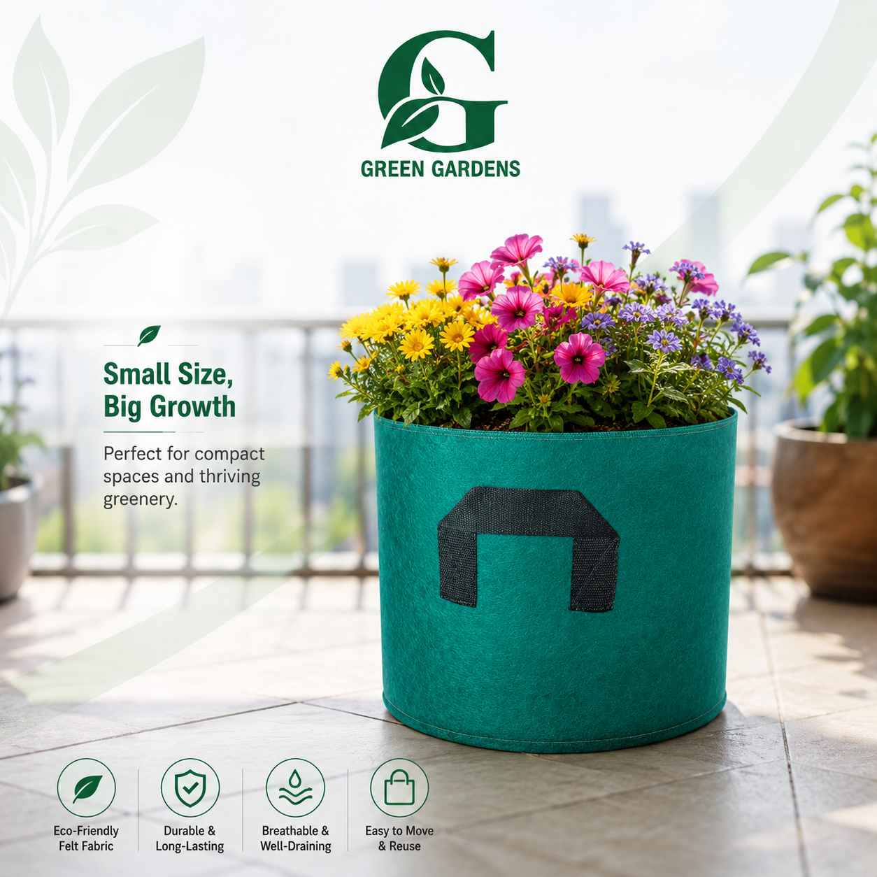 Green G-8 round felt fabric grow bag, 8-inch diameter and 8-inch depth, with 2 handles