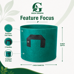 Green G-8 round felt fabric grow bag, 8-inch diameter and 8-inch depth, with 2 handles