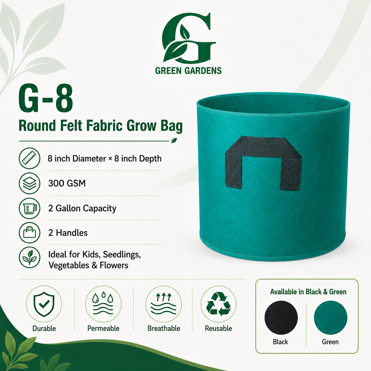 Green G-8 round felt fabric grow bag, 8-inch diameter and 8-inch depth, with 2 handles