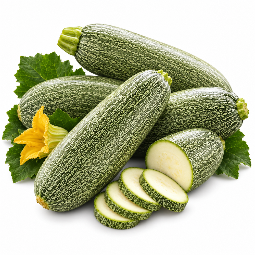 Fresh grey-green zucchini fruits growing on healthy bush plants – Grey Zucchini Summer Squash seeds for kitchen gardening in Pakistan