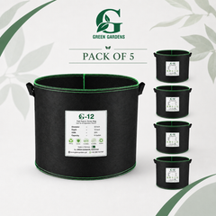 Pack of 5 black G-12 round felt fabric grow bags, 12-inch diameter and 12-inch depth, with 2 handles each