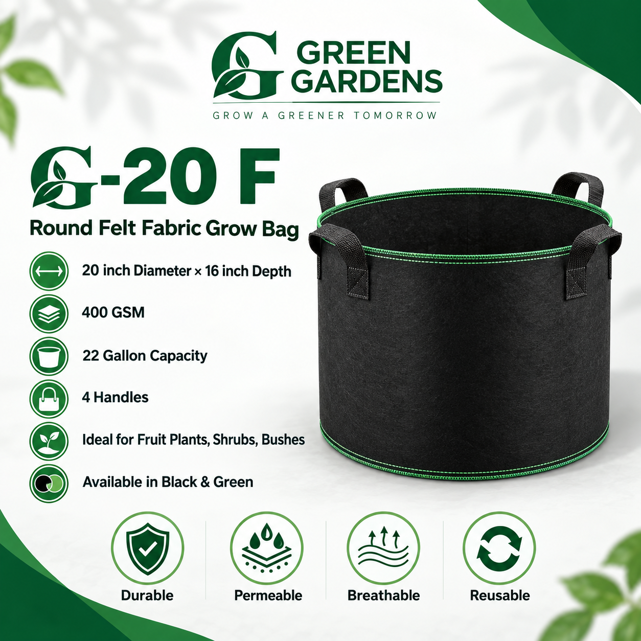 G-20 F Black 400 GSM felt fabric grow bag with 22-gallon capacity