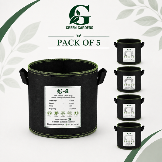 Grow Bag G-8 Black (Pack of 5) – 8×8 Inch Round Felt Fabric Grow Bags | 2 Gallon Each – product image 1 | GREEN GARDENS Pakistan