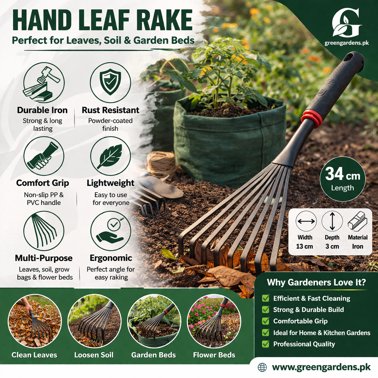 Premium Hand Leaf Rake - Carbon Steel Garden Tool