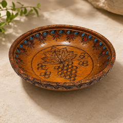 Handcrafted Wooden Decorative Bowl – Carved Grape Design, 8.1 Inch