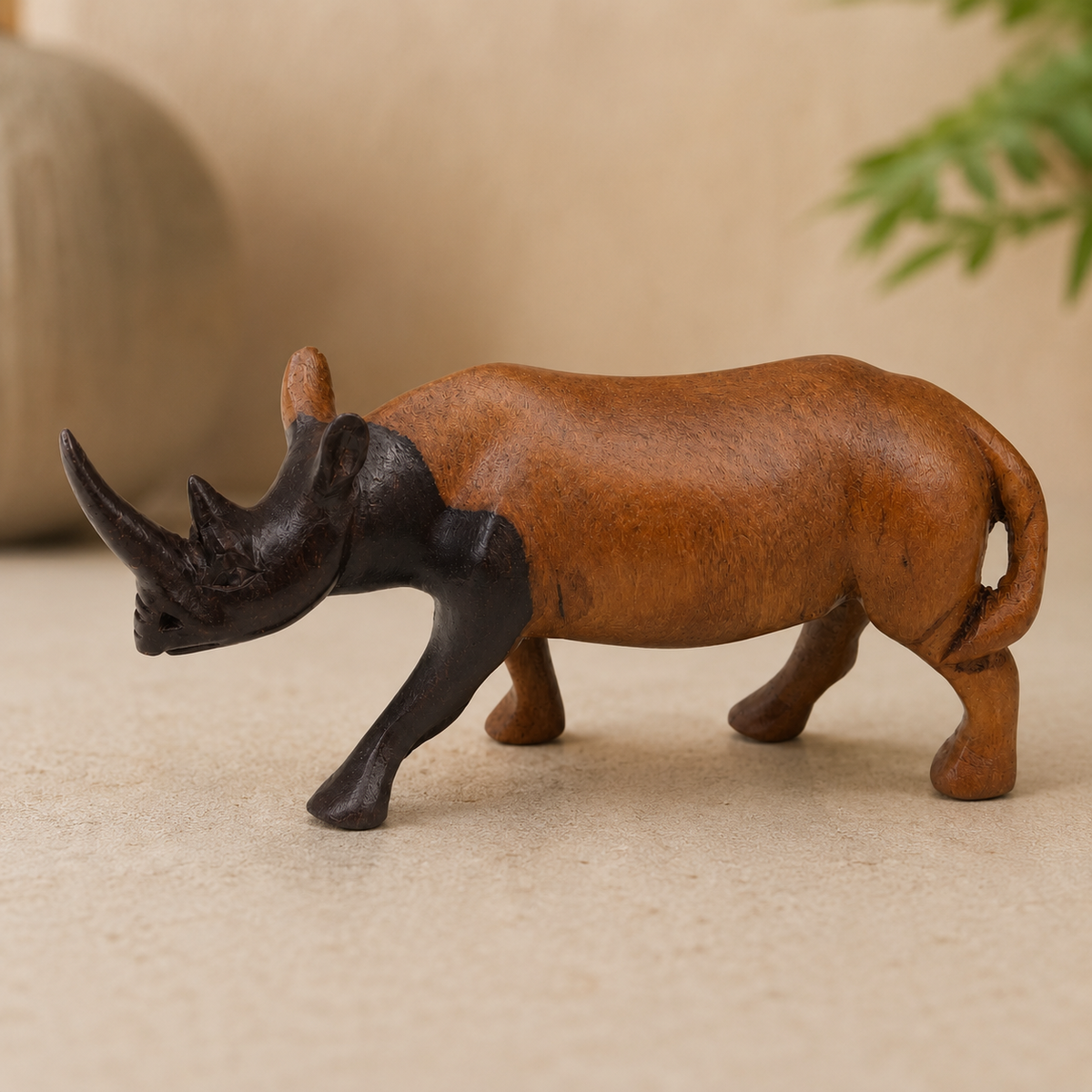 Handcrafted Wooden Rhino Figurine – 6 Inch, Decorative Tabletop Sculpture