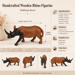 Handcrafted Wooden Rhino Figurine – 6 Inch, Decorative Tabletop Sculpture