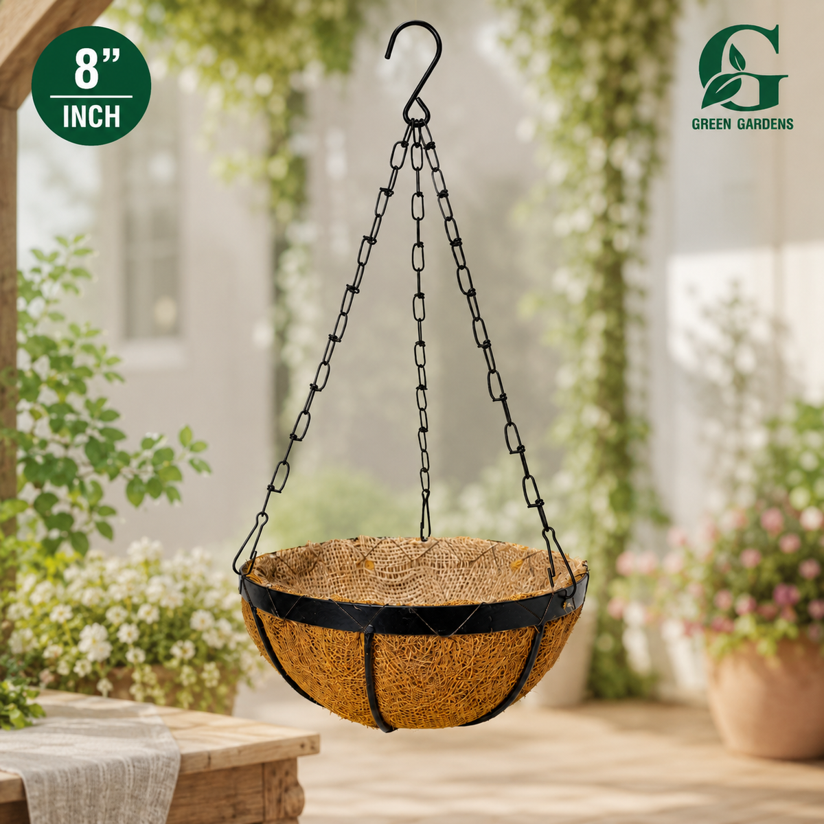 Hanging Basket Iron with Coco & Jute Liner – 8 Inch