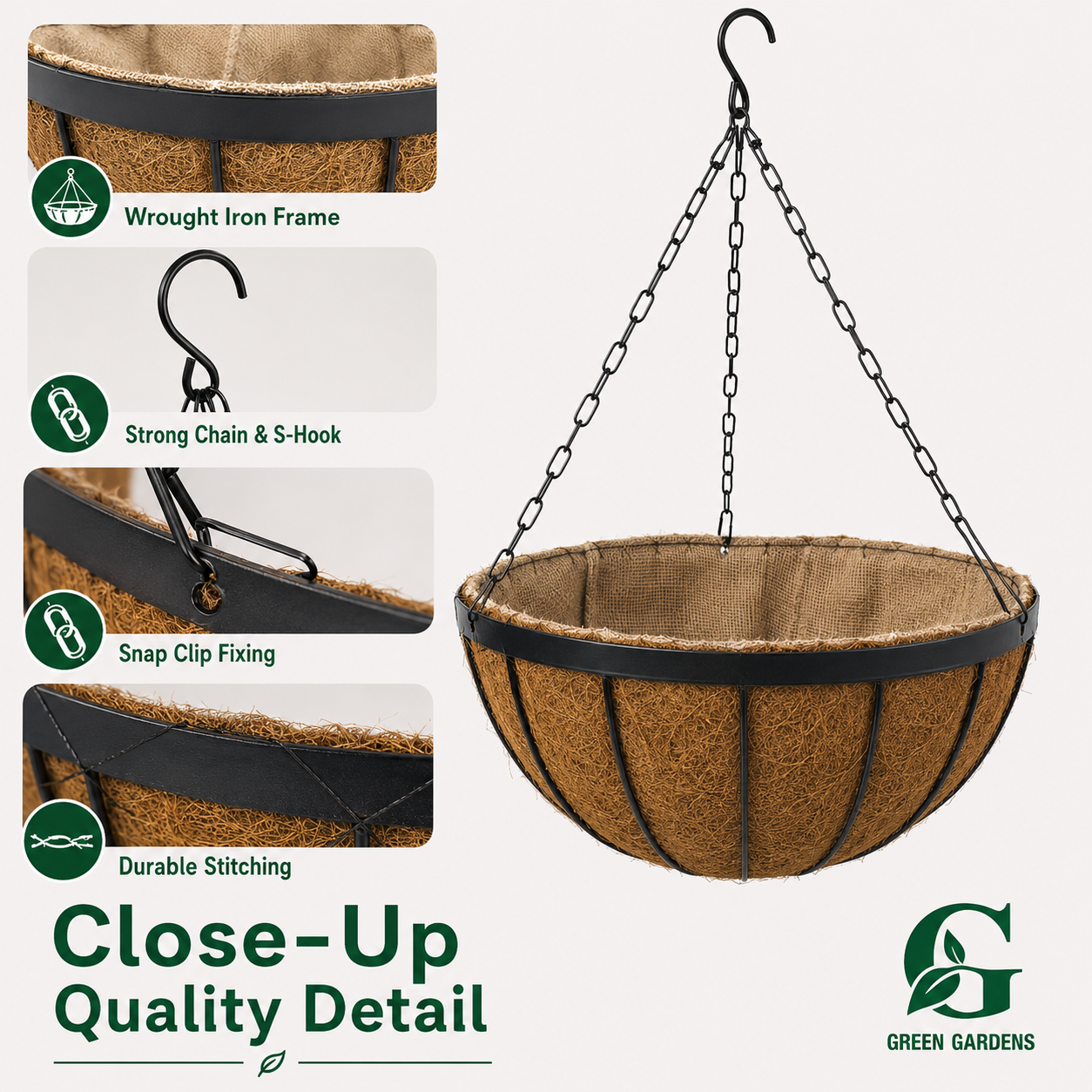 Hanging Basket Iron with Coco & Jute Liner – 14 Inch